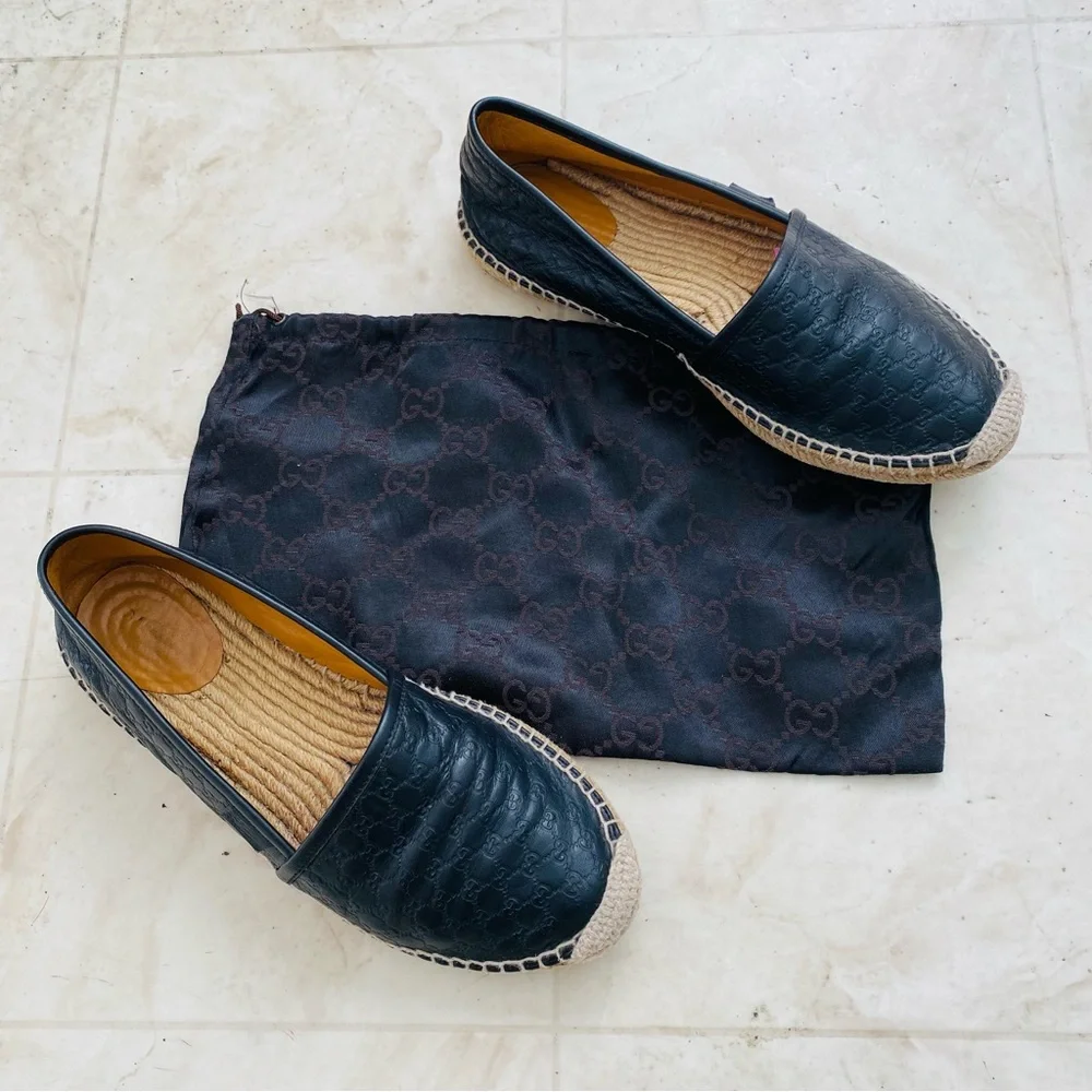 Gucci Micro Guccissima GG Monogram Black Leather Espadrilles Flats Size 8/38